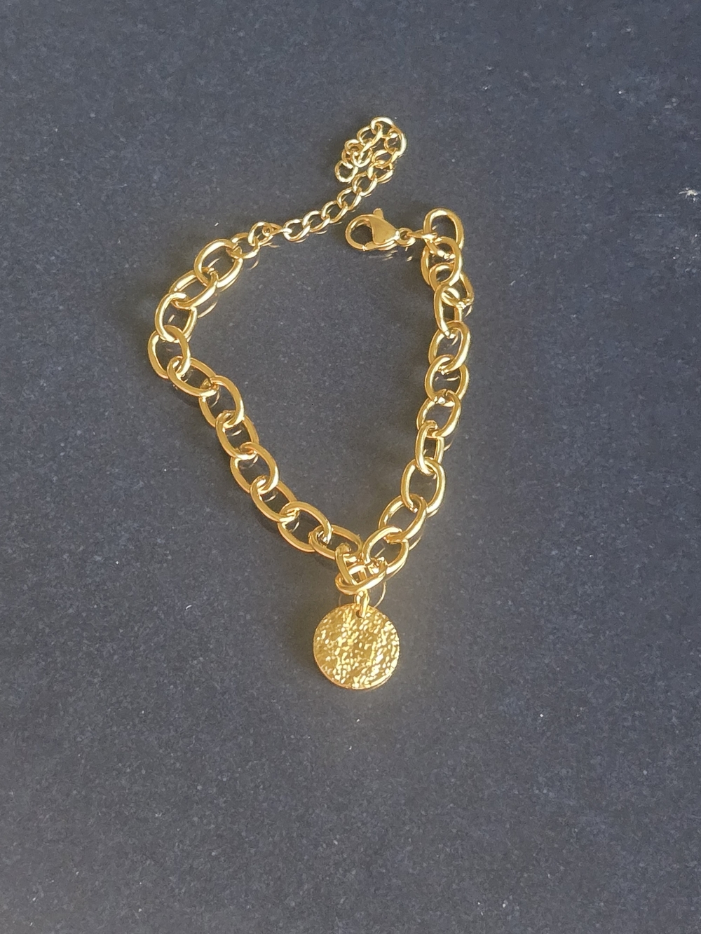 Gold Link Chain Bracelet with Textured Disc Pendant - Women Jewelry